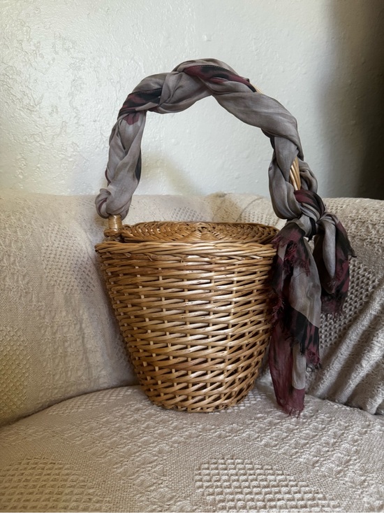 Accessories - Woven Rattan Basket Handbag with Gray and Burgundy Scarf Accent